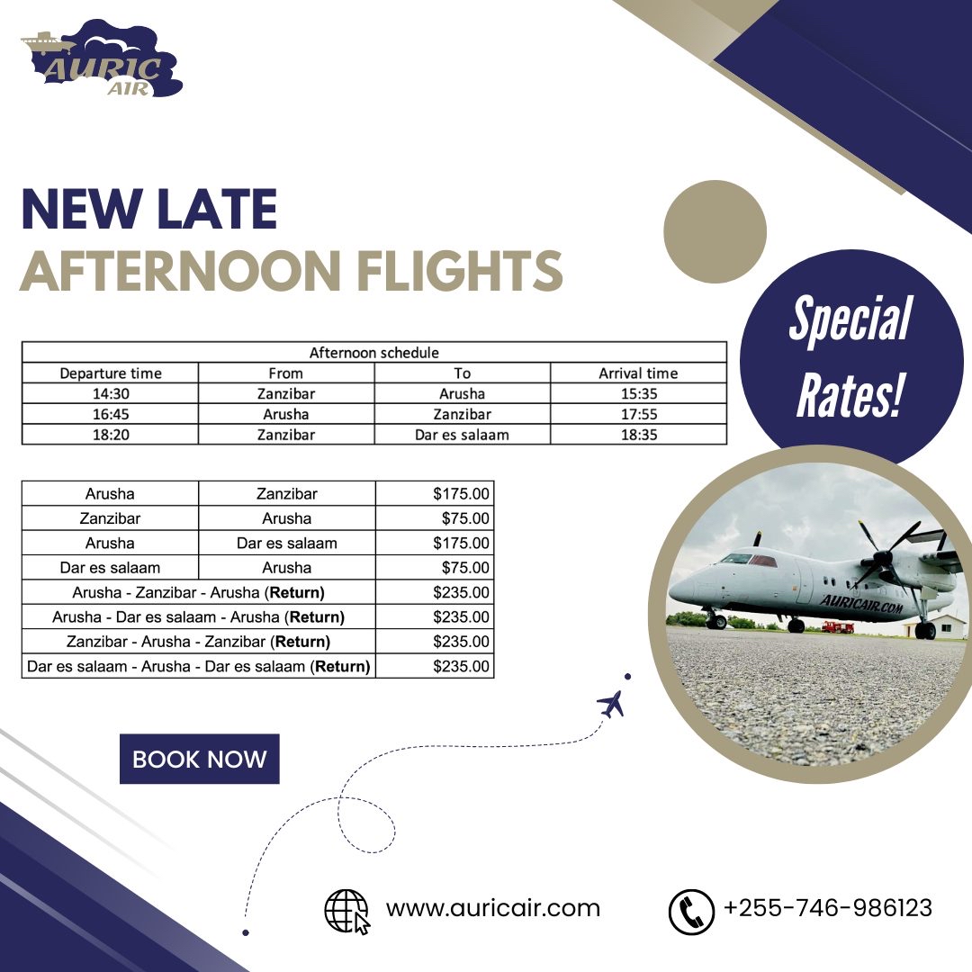 New late afternoon flights with special rates. 

Book now ! 

#Arusha #Zanzibar #DaresSalaam #FlightDeals #Tanzania #BushFlights #AuricAir #FlyingSafaris #BushToBeach