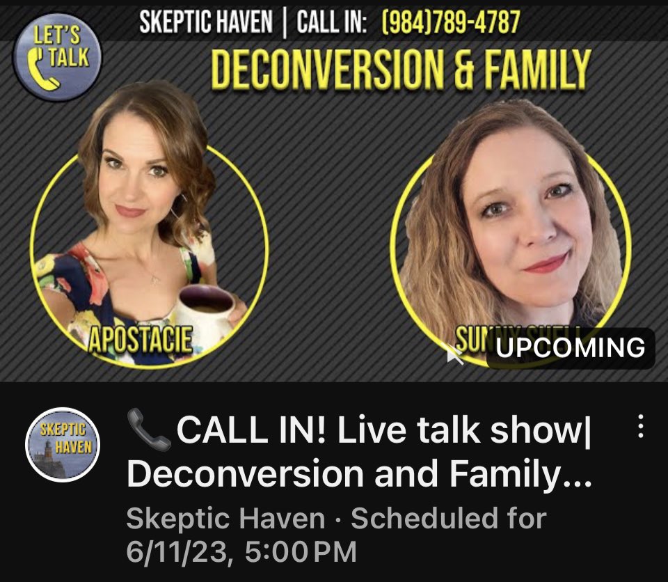 📞CALL IN! Live talk show| Deconversion and Family. Sunny and Apostacie on Let’s Talk. 
Call us with your experiences and questions.
Today Sun June 11, 5PM Pacific, 8PM Eastern.
youtube.com/live/fAb-XIfhH…