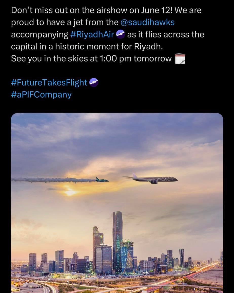 rabia6789's tweet photo. Don't miss the air show on June 12. A jet from Saudi Hawks team with #RiyadhAir  will fly into the capital in a historic moment for Riyadh.

Tomorrow at 1:00 PM in the sky. #futuretakesflight https://t.co/ThgFuJ0obx
