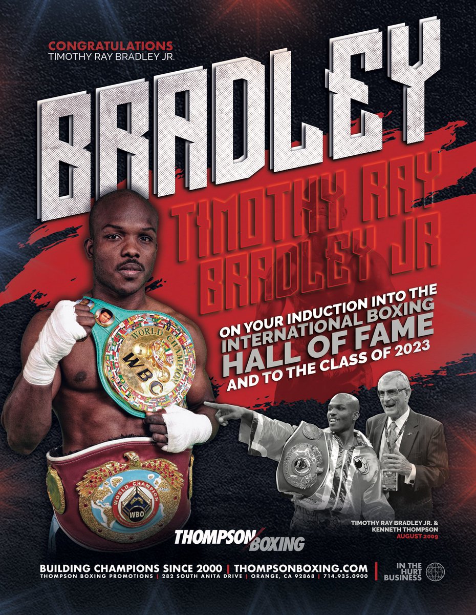 CBNPromotions's tweet image. Congratulations to Timothy Bradley Jr. on his induction into the International Boxing Hall of Fame, his fabulous career started with us and ended making a mark in the history of our sport. Here’s to you @timbradleyjr , you did it! @AlexCamponovo  #thompsonboxing #hof #history
