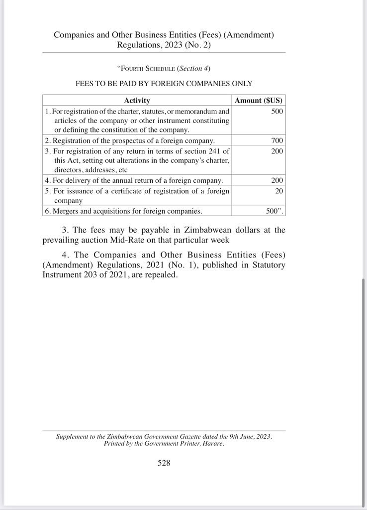 daddyhope's tweet photo. The Government of Zimbabwe has issued a Statutory Instrument with new registration fees for businesses and more.
Everything is priced in US Dollars.

This demonstrates that the Zimbabwean Government has no faith in its own local currency.

Why does President Mnangagwa expect a stable Zim Dollar when his government is rejecting it, and pricing Government services in US Dollars?

It is common sense isn’t it?
But common sense is not common in this regime!

Until the Government starts valuing its own currency, and using it as the first currency of choice, the US Dollar will remain King!

When I buy a car in London and ship it to Zimbabwe, I expect a serious Government that values its own local currency to demand customs duty in Zim Dollars!

If it demands US Dollars, the local currency will collapse.
It is that simple Mr President @edmnangagwa 

I have posted the full Statutory Instrument in my telegram channel,
Follow the channel 👇🏿

https://t.co/f3TcNRwoAl