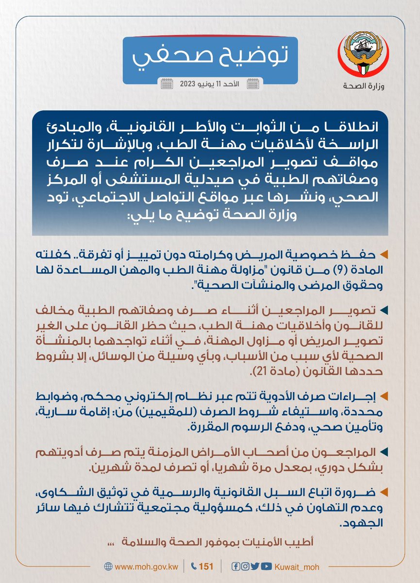 KUWAIT_MOH's tweet photo. توضيح صحفي| انطلاقاً من الثوابت والأطر القانونية، والمبادئ الراسخة لأخلاقيات مهنة الطب، وبالإشارة لتكرار مواقف تصوير المراجعين الكرام عند صرف وصفاتهم الطبية في صيدلية المستشفى أو المركز الصحي، ونشرها عبر مواقع التواصل الاجتماعي، تود #وزارة_الصحة توضيح ما يلي: https://t.co/eMgQm64gIQ