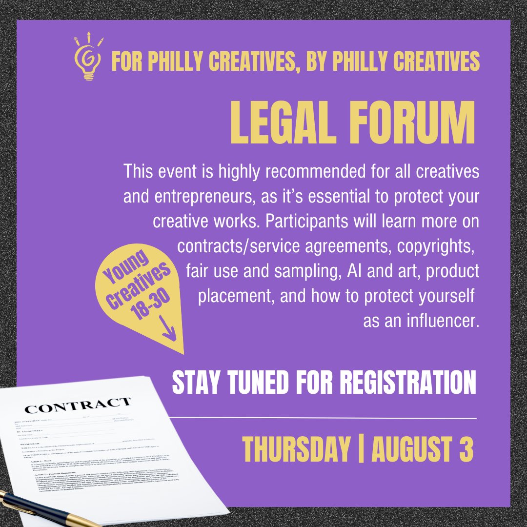 Lil' Filmmakers invites young creatives to join us on August 3rd  for our Creative Grit Legal Forum to learn about contracts/service agreements, copyrights, fair use and sampling, and more from music and entertainment lawyers.

#lilfilmmakers #creativegrit #legal #phillycreatives