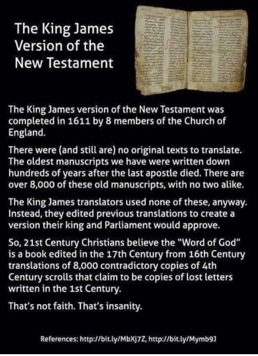 For the ignorant crowd that believes (falsely) that the Bible is the “literal word” of god, see below. It’s made up stuff to please an English monarch: