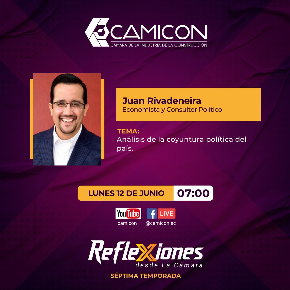 📌Iniciamos la semana y este lunes en #ReflexionesDesdeLaCámara hablaremos sobre la coyuntura política del país y🗣️conversaremos con Juan Rivadeneira.

▶️Interactúa en vivo en 👉🏼Facebook bit.ly/CAMICONLIVEFB y 👉🏼YouTube bit.ly/YTBCAMICON

#LaCámaraAúnMásGrande✅