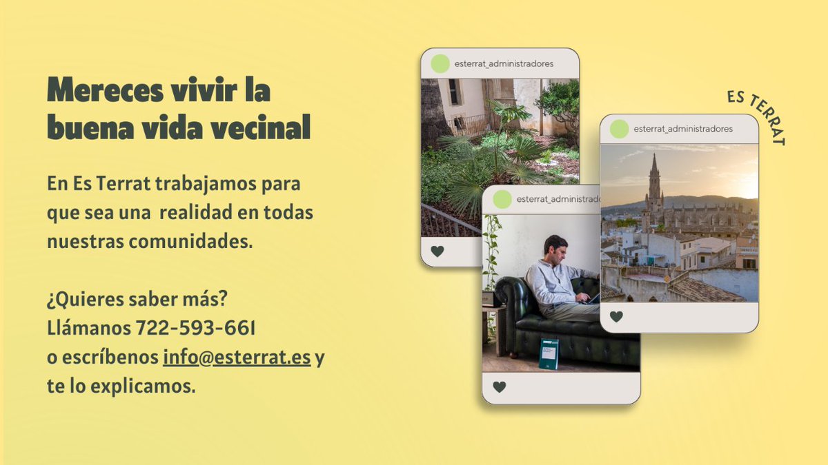 EsTerratAd's tweet photo. Descubre la buena vida vecinal con Es Terrat, tu administración de fincas comprometida con la armonía y el bienestar. Creamos un entorno sostenible y acogedor, implementando medidas ecoamigables. Contáctanos para mejorar tu vecindario.#bienestarvecinal #AFcolegiado https://t.co/uPKC7o2bTi