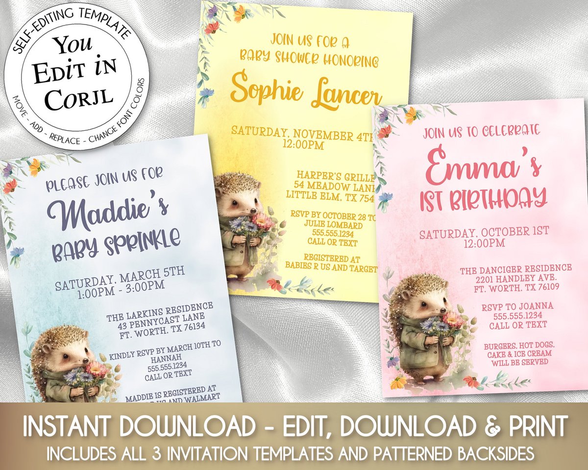 New! Baby hedgehog theme invites -in my #etsy shop: PRINTABLE Party Invitations | Baby Hedgehog Invitation | Includes Pink, Blue & Yellow Templates | Baby Shower | You Edit in Corjl etsy.me/42zIJ3V