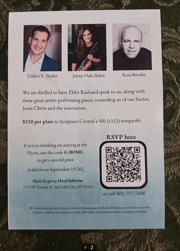 NewsMormon's tweet photo. Elder Rasband headlines a $250/plate dinner. Should Church apostles be speaking at fundraising events like this? https://t.co/1w02lvy7Ku