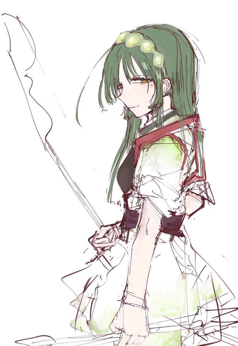 1girl solo green hair long hair hairband white background weapon  illustration images