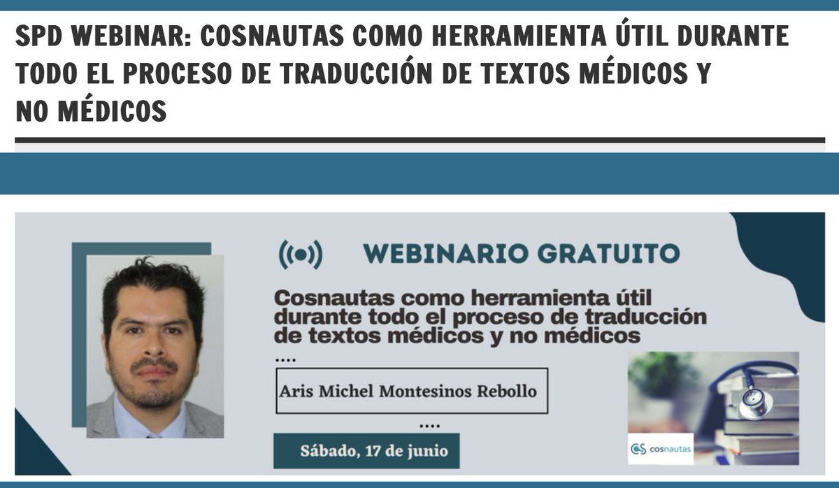 Ciberseminario gratuito

«Cosnautas como herramienta útil durante todo el proceso de traducción de textos médicos y no médicos»
<a href="/AMMonteReb/">Aris Montesinos</a>🇲🇽

<a href="/ATASpanishDiv/">ATASpanishLangDiv</a>🇺🇸<a href="/atanet/">American Translators Association</a>, 17 de junio
Info: ataspd.org/2023/05/30/spd…