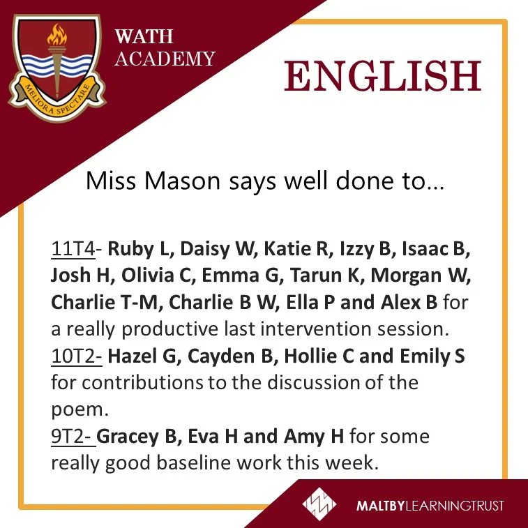 Wath_English's tweet image. Well done to these students showcasing the key drivers in their English lessons last week! #worldclasslearning #thehighestexpectations #growthmindset #nevergiveup #noexcuses #everyoneisvalued #integrity. 🥳