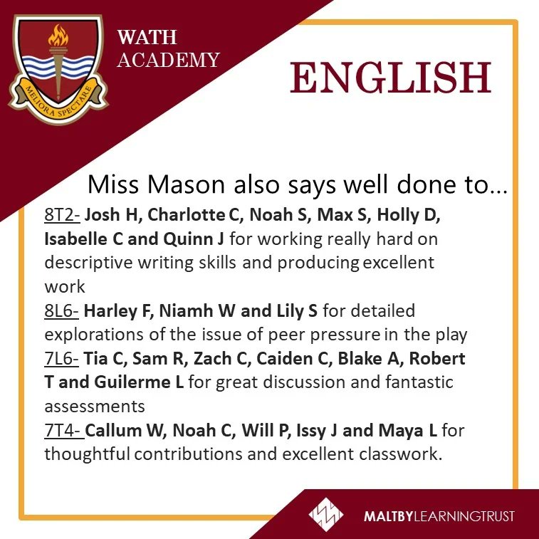 Wath_English's tweet image. Well done to these students showcasing the key drivers in their English lessons last week! #worldclasslearning #thehighestexpectations #growthmindset #nevergiveup #noexcuses #everyoneisvalued #integrity. 🥳