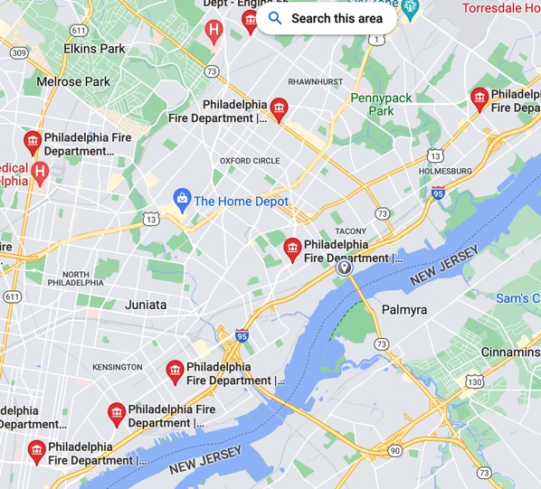 TheNew76's tweet photo. @FOX29philly Update: More questions
There are 8 fire stations within miles of that fire. (left photo)  and Engine 52 is only 1.5 miles away. (right photo)
How was the fire allowed to burn for so long? 
Is this incompetence on ALL fire stations or something else? https://t.co/OMYx9Zoi8K