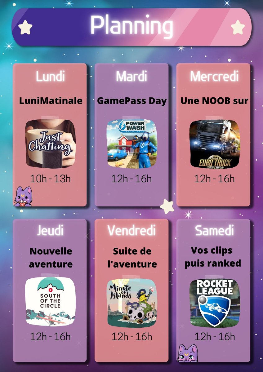 [📅 PLANNING] Reprise du GamePass Day et d'Une NOOB sur ✨

#twitchstreamer #twitchfr #petitstreamer #streamher