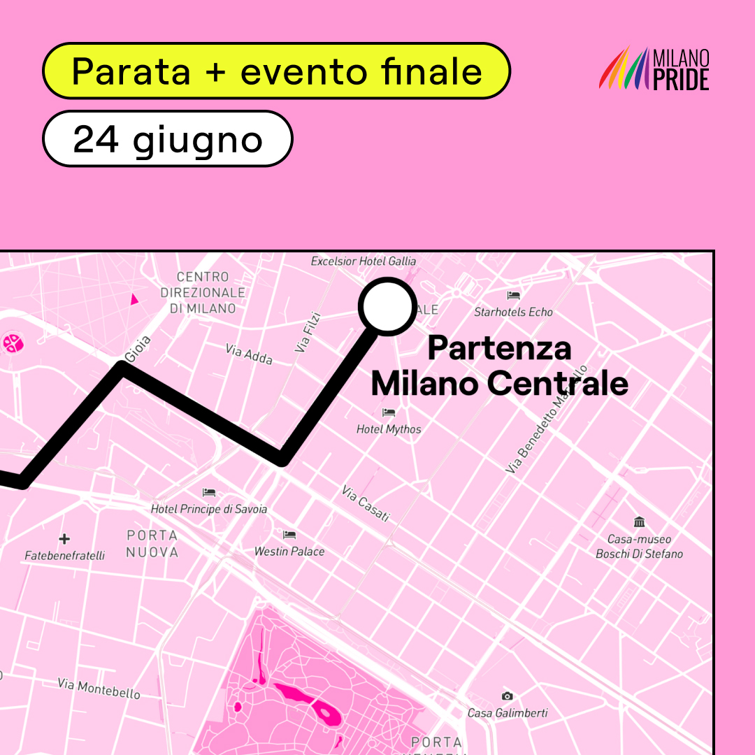 Scopri tutti i dettagli della parata del Milano Pride: ecco 
percorso e orari del 24 giugno 🏳️‍🌈🏳️‍⚧️

👉 ore 15: concentramento in via Pisani (Stazione Centrale)
👉 ore 16:00: partenza! 
👉 dalle 18:30: evento finale in Arco della Pace 

Presto altre novità, curiosə? 
#MilanoPride