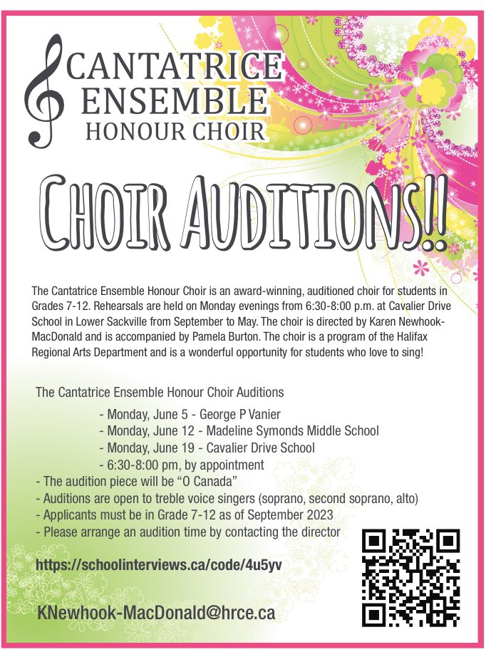 Gr. 7-12 Treble Voice singers! Another audition day added to those on the poster - MONDAY, June 26 at Cavalier Drive School! Come and sing with the Cantatrice Ensemble Honour Choir!