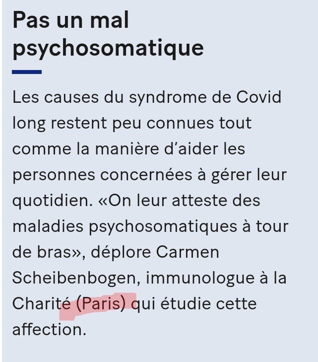 @20minutesOnline TB article. Carmen Scheibenbogen @C_Scheibenbogen n'est pas chercheuse en 🇨🇵 mais en 🇩🇪. Spécialiste de longue date de l'#EncéphalomyéliteMyalgique, et de son symptôme typique = Malaise Post-Effort (pr lequel le Pacing fut spécifiquement créé), qui affecte bcp de #Covidlongs.