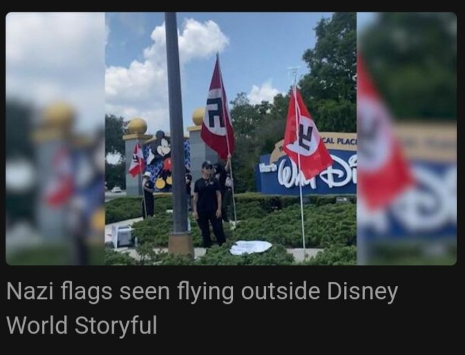 This is the 2023 #Republican party.. 2 dozen #whitesupremacists were outside the main entrance of #DisneyWorld in Orlando, marching with signs featuring DeSantis’s face, swastikas, the n-word & homophobic slurs.