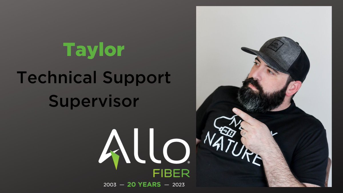 AlloFiber's tweet photo. Meet Taylor, ALLO Technical Support Supervisor. 👋

He says our local culture keeps us in tune with our #FiberFam and ensures we provide hassle-free service.

His prediction for the future? FTTP will continue to dominate. 🏆 Sounds about right to us. 😉 https://t.co/7APOOdM3VF