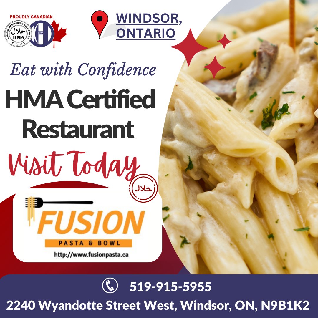 HMA_Canada's tweet photo. Certified HMA Restaurant: @FusionPasta in Windsor. Visit today.
2240 Wyandotte Street West, Windsor, ON, N9B1K2.
β 416-255-7746
.
.
.
#HmaCanada #halal #halalcanada #halalgta https://t.co/I0m3W1RO7J