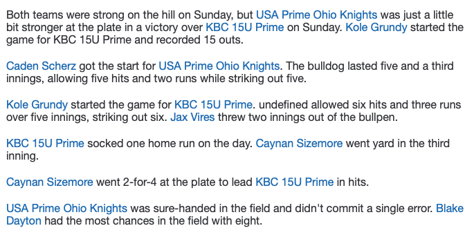 #15uClassic #3 USA Prime Ohio Knights defeats #2 KBC Prime, 3-2.  Winning Pitcher Caden Scherz kept KBC at bay 5.1IP 5H 2R 2ER 5K 5BB HR and Ben Abbott 1.2IP 0H 0R 1K for the Save.  KBC's Caynan Sizemore touches one for a solo homer.