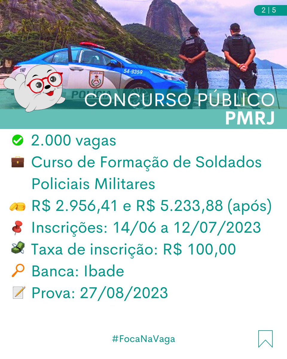focanavaga's tweet photo. 📢 PM/RJ
✅ 2.000 vagas - 1.800 vagas masculinos e 200 vagas femininas
👮‍ Curso de Formação de Soldados
🤑 R$ 2.956,41 (durante o curso) e de R$ 5.233,88 (após o curso de formação)
📌 Inscrições: 14/06 a 12/07/23
💸 Taxa: R$ 100,00
🔎 Banca: Ibade
📝 Prova: 27/08/23

#focanavaga https://t.co/C1gS43KRKt
