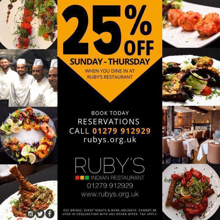 25% OFF FOOD* SUNDAY-THURSDAY when you DINE IN at Ruby’s Restaurant 😁🥘🍛🌶

🤙BOOK YOUR TABLE ONLINE TODAY!
rubys.org.uk/book-a-table.h…

*T&C Apply

#authenticurry #rubysrestaurant #bishopsstortford #familyrestaurant #currynight #chefsofinstagram #specialoffer