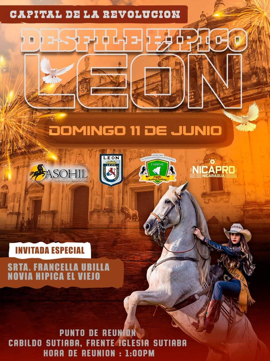 PedroSanchezNi's tweet photo. #León // Es hoy, es hoy!!! Vamos todas y todos a disfrutar del espectacular Desfile Hípico, rodeo de  toros,  tertulia hípica, fiesta y mucha diversión.
#AlcaldíasDelPuebloNi 
#JunioEnVictoria
#LeonRevolucion
#FuerzaDeVictorias https://t.co/64qW8SdsTL