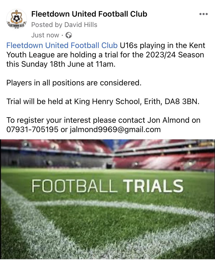 FleetdownFC's tweet photo. Fleetdown United Football Club U16s playing in the Kent Youth League are holding a trial for the 2023/24 Season this Sunday 18th June at 11am. 

Trial will be held at King Henry School, Erith, DA8 3BN. 

To register contact Jon Almond on 07931-705195 or jalmond9969@gmail.com https://t.co/Z1Z1B1eWQ4