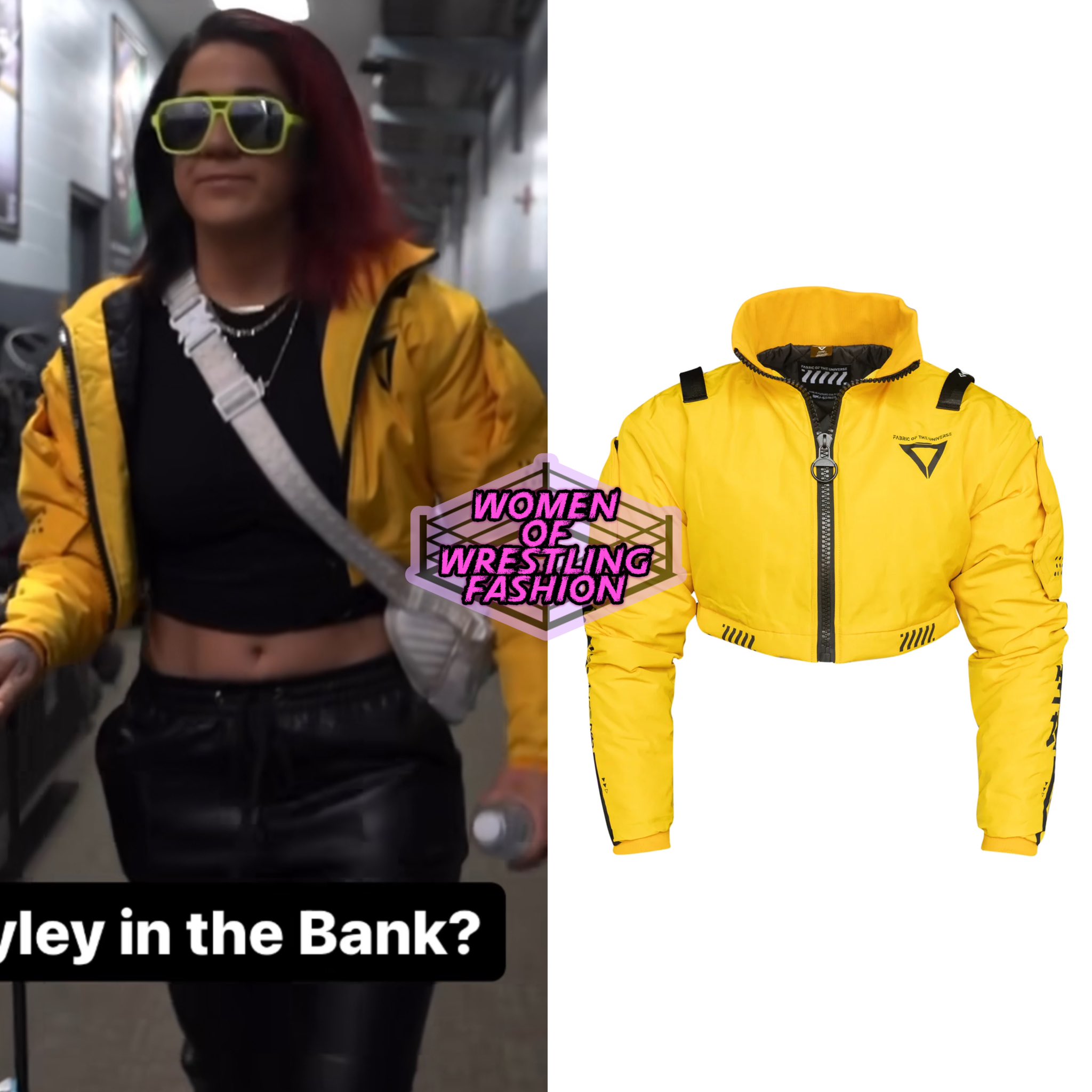 Women of Wrestling Fashion on X: .@itsBayleyWWE is wearing the CRB-003  Gold Crop Bomber Jacket from Fabric of the Universe ($134.50)   / X