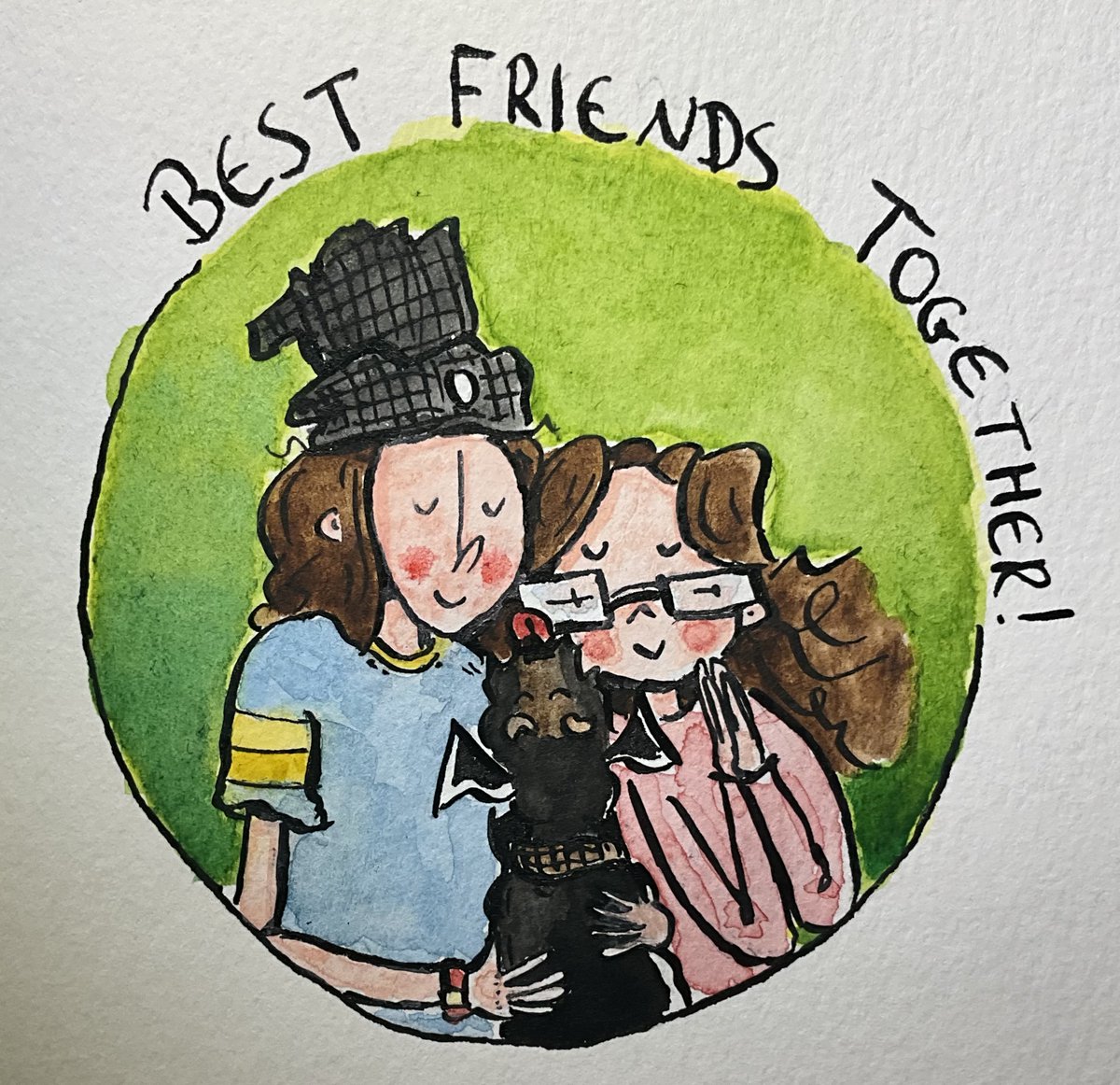 Nice to see them all getting on! #doodleaday #draweveryday #dog #adogslife #watercolor #petdog #Familylove #familybonding #sisters #sisterlove #SistersLove #sisterhood #watercolourdaily #familyhug #draw #drawings #doodles #doodling #painteveryday #daughters #art #doodle #family