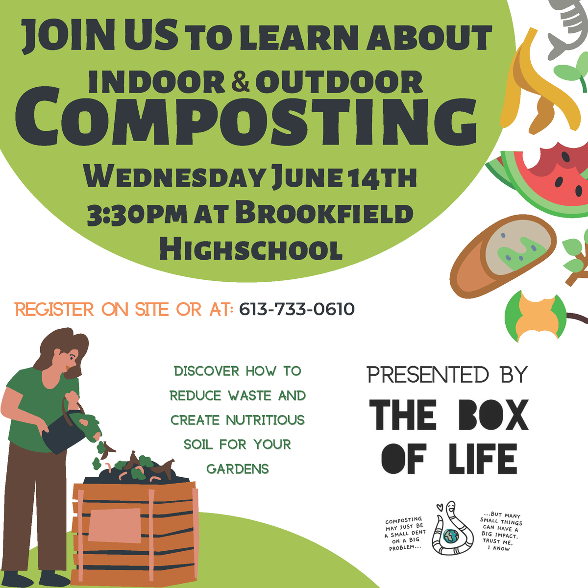 Brookfield High School is hosting an informative hands-on workshop about indoor and outdoor composting, Wednesday June 14th at 3:30 pm at Brookfield High School (824 Brookfield Road)
The Box of Life, will be sharing tips and tricks about successful composting.