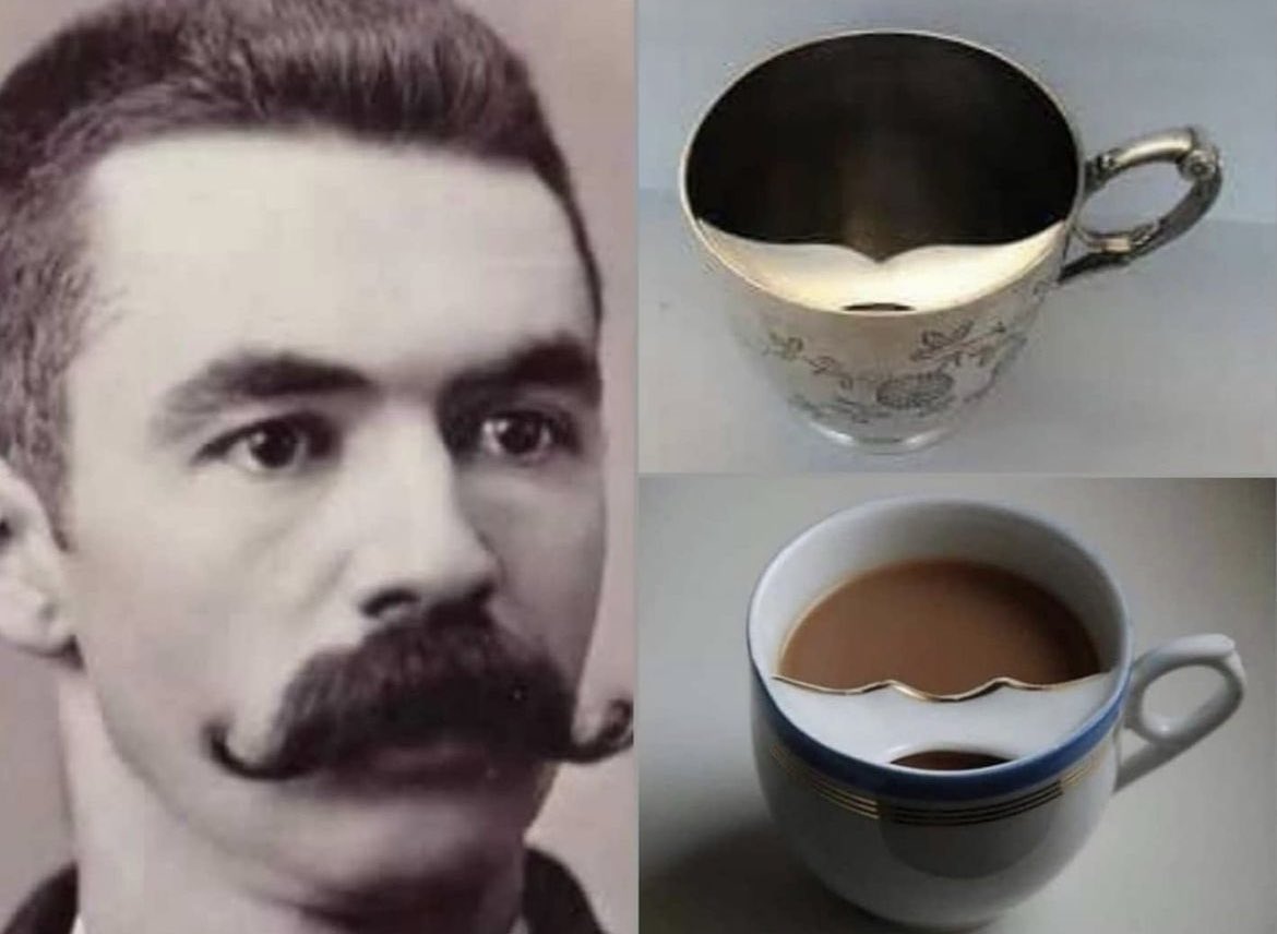 Mustache cups from the Victorian era (1837-1901) in the United Kingdom were devices that sat inside the cup and allowed one to drink from it while keeping their mustache dry. They were invented in the 1860s by British potter Harvey Adams. Mustaches were incredibly popular during