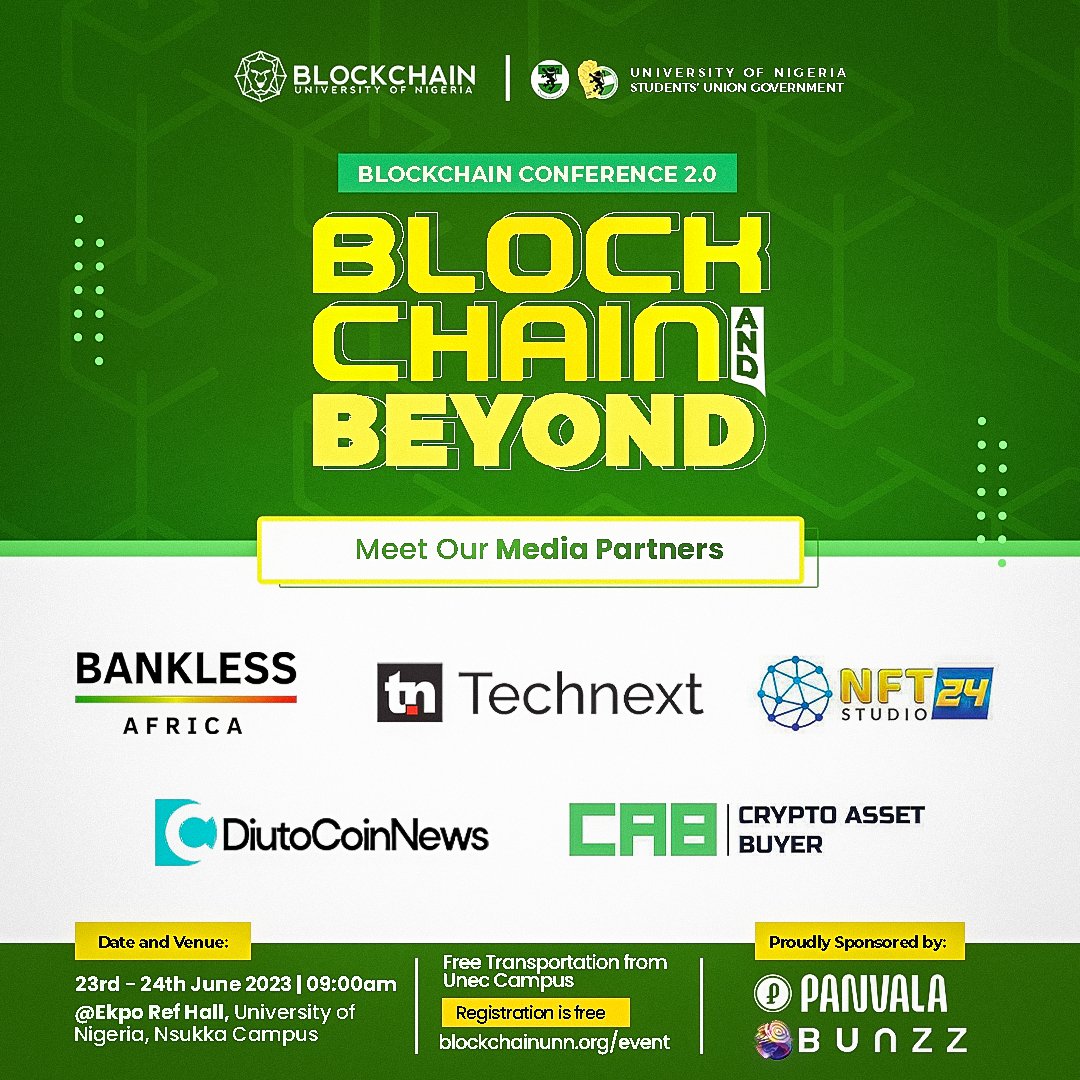 BlockchainUNN's tweet photo. Blockchain And Beyond is in 12 DAYS 🔥

Today, we will love to introduce you to our Official Partners for the upcoming event

M.P.- @Bankless_Africa @cryptoassetbuyer @nftstudio24 @technextdotng @Diutocoinnews

E.P. - @SCAUnn @I4GUNN @GDSC_UNN @techinversecom @nacos_unn 

1/11🧵 https://t.co/ex4jZQN2x7