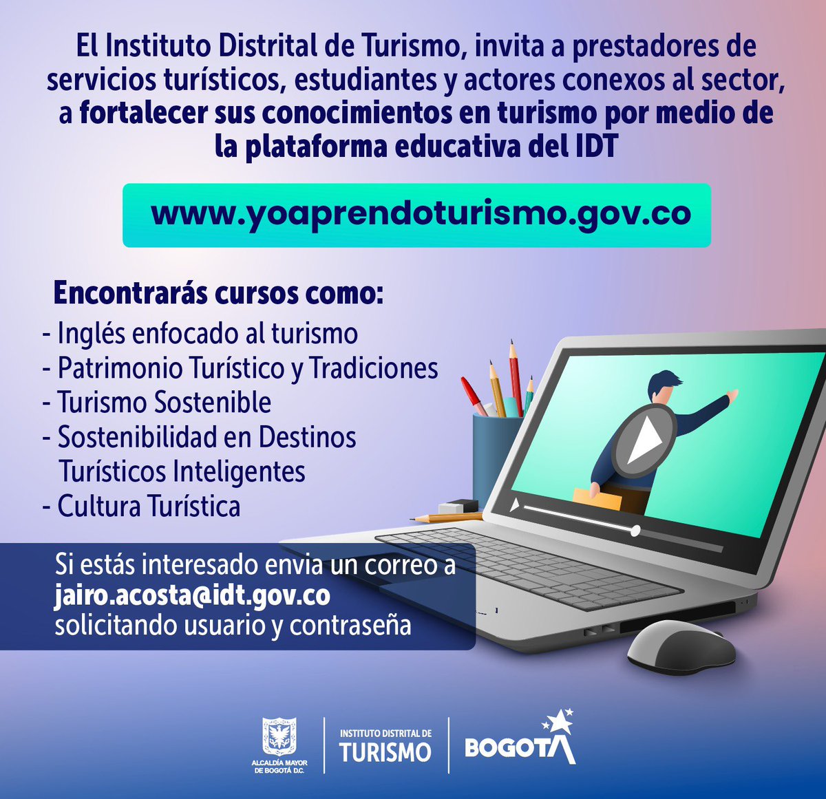 Bogota_Turismo's tweet photo. #IDTInforma I El #IDT invita a prestadores de servicios turísticos, estudiantes y actores conexos a fortalecer sus conocimientos en turismo.
🔗Conoce más en: https://t.co/pAxOcIpPsu https://t.co/Tp462KFh3v