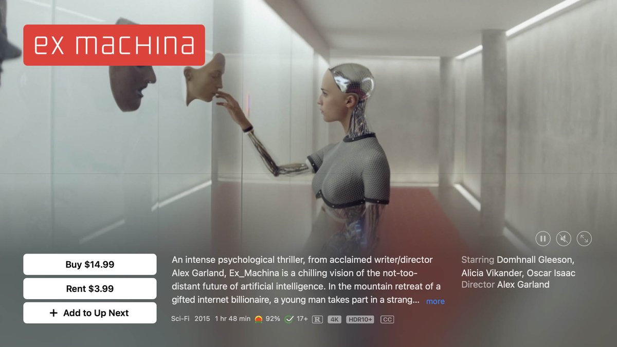 hdreport's tweet image. Ex Machina is one of the few films that stream in 4k with HDR10+ on Apple TV 4k #HDR10Plus #ExMachina @A24