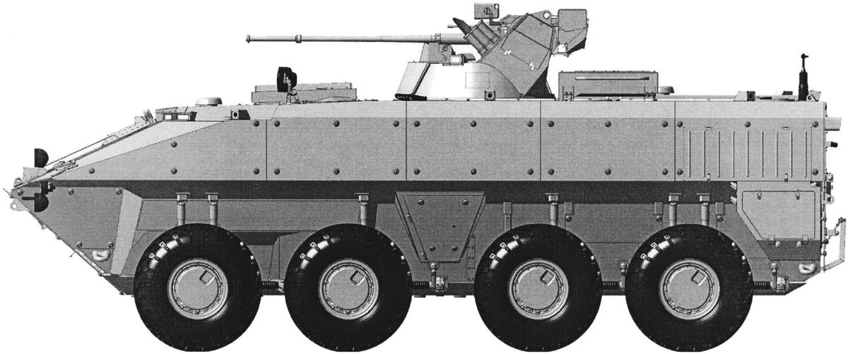 The Arzamas Machine-Building Plant (Military Industrial Company) has  submitted a patent for a new BTR with a chassis that looks like the  Bumerang but is actually from a BTR-80/82. The vehicle's turret