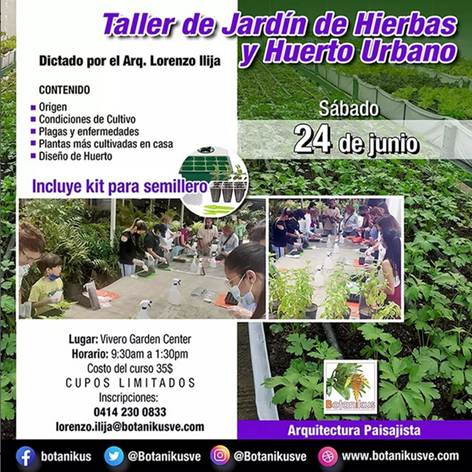Te invitamos al taller de “HIERBAS AROMÁTICAS Y HUERTO URBANO” ¡No te lo pierdas! En Caracas, al lado del Parque del Este. Próximo sábado 24 de junio del 2023. 9:30 am 1:00 pm Facilitador Arq. Lorenzo Ilija Inversión $ 35,00 * + 58 (414) 230.0833 * Instagram:
@botanikus