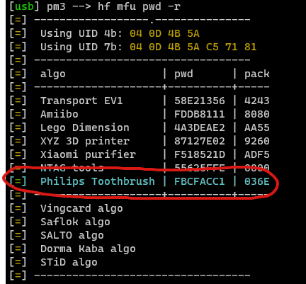 herrmann1001's tweet image. Given the latest findings for the #philips sonicare toothbrush pwdgen algo by @atc1441 it was only a matter of time before it was incorporated in #proxmark3 client.

Thanks to @tcprst  and @gentilkiwi  for the needed dumps/traces!

#nfc #rfidhacking