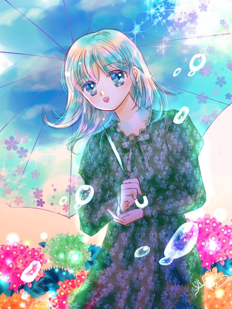 1girl solo umbrella dress flower holding umbrella holding  illustration images