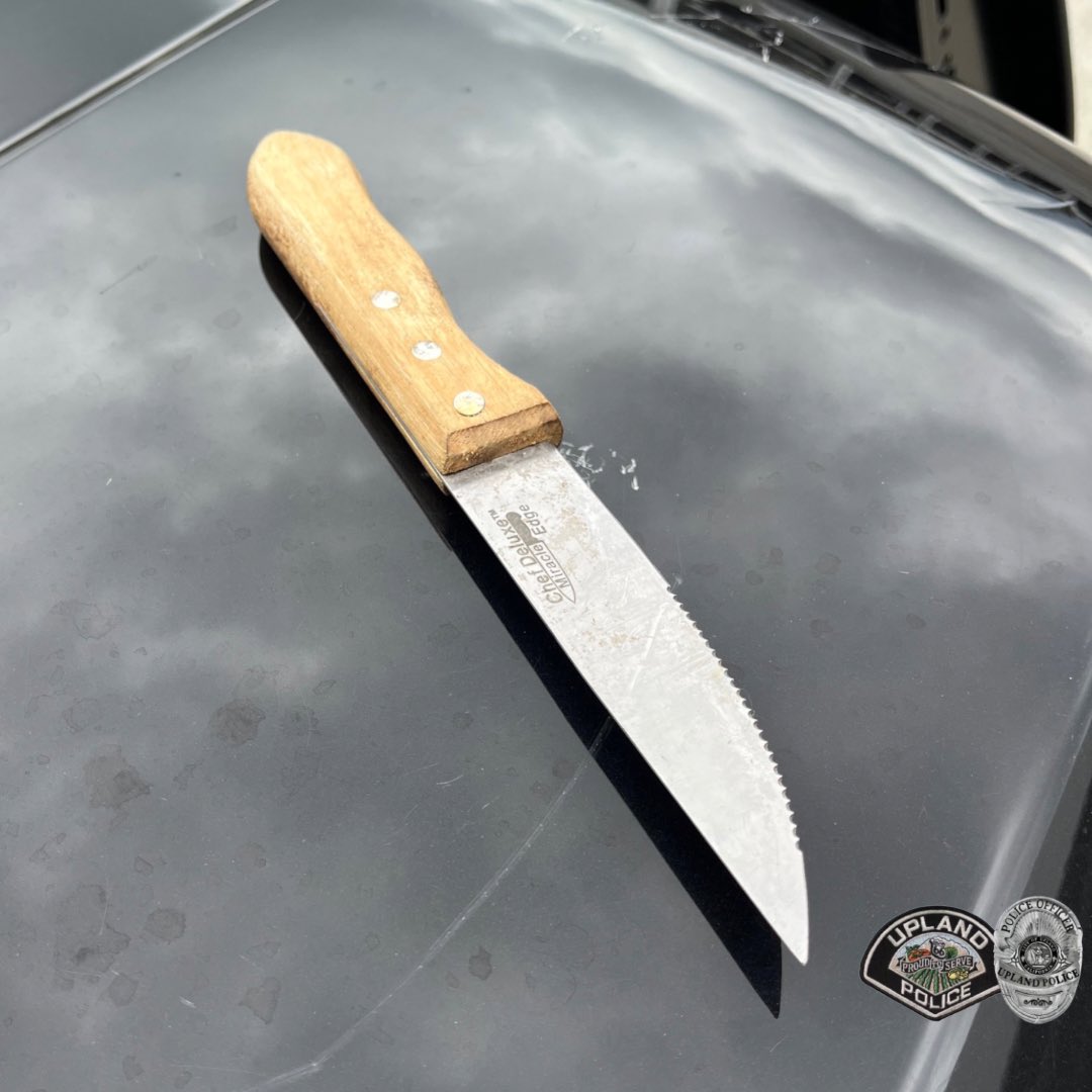 UplandPD's tweet photo. This afternoon we went to the area of 8th and Campus for a man waving a knife in the air. We contacted Rudy Abasta (22) and arrested him for being under the influence of a controlled substance, possessing a dirk or dagger, and a probation violation warrant. #UPD_ProudToServe https://t.co/htQD4zl6pg