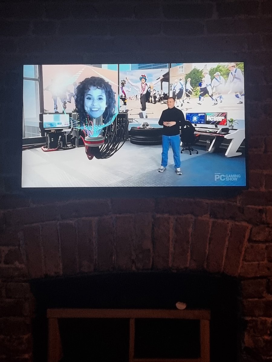 Watching the wife's floating head on the TV, standard Sunday. #PCGamingShow