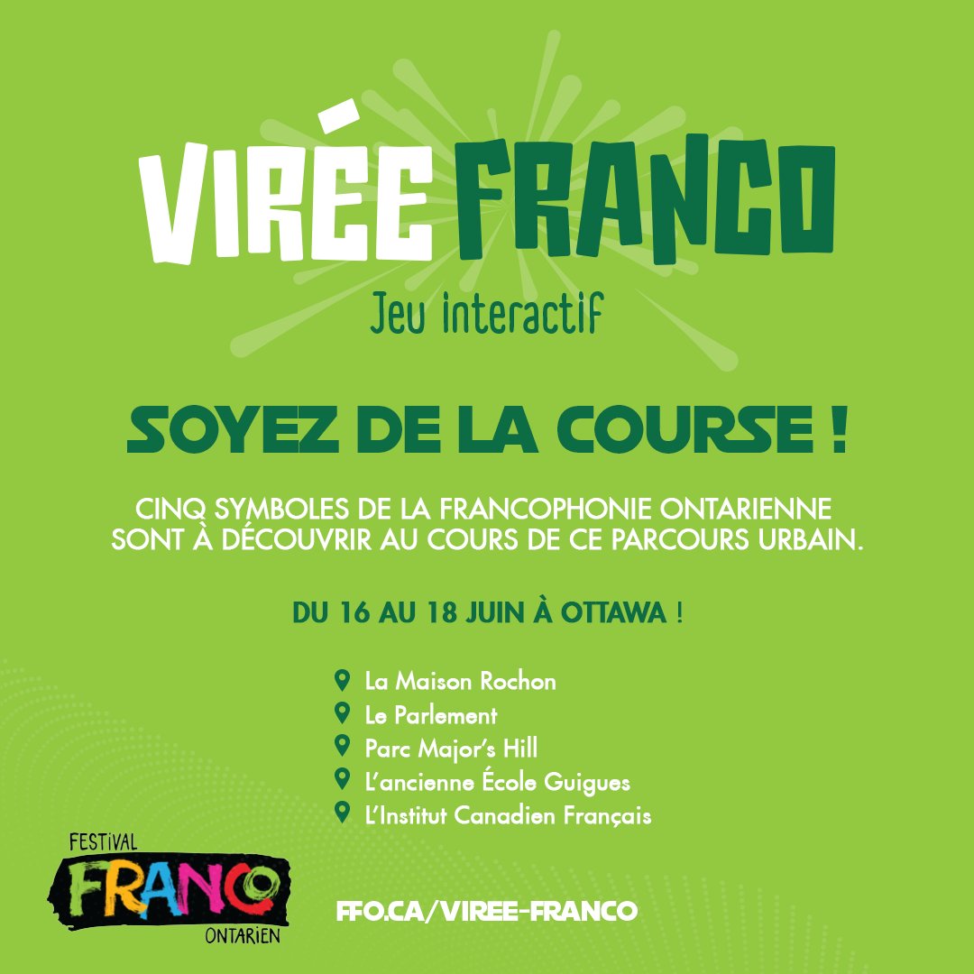 Nouveauté #FFO2023 : pour te rendre sur le site du festival, on te propose des jeux interactifs qui te feront (re)découvrir des symboles forts de la francophonie ontarienne. Sois à l’affût des affiches colorées de ce jeu urbain ! 🗺️

Merci <a href="/LeDroitca/">LeDroit</a> de soutenir cette initiative.