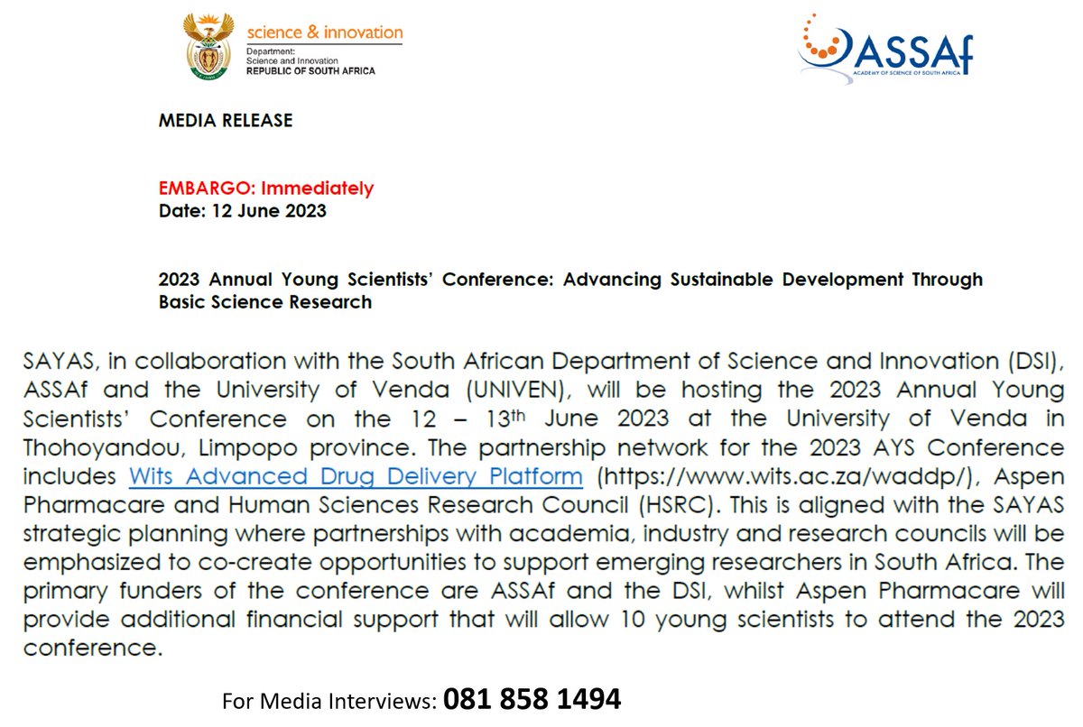For Media attention - Please partner with us in showcasing the work of Young Scientists especially during Youth Month.