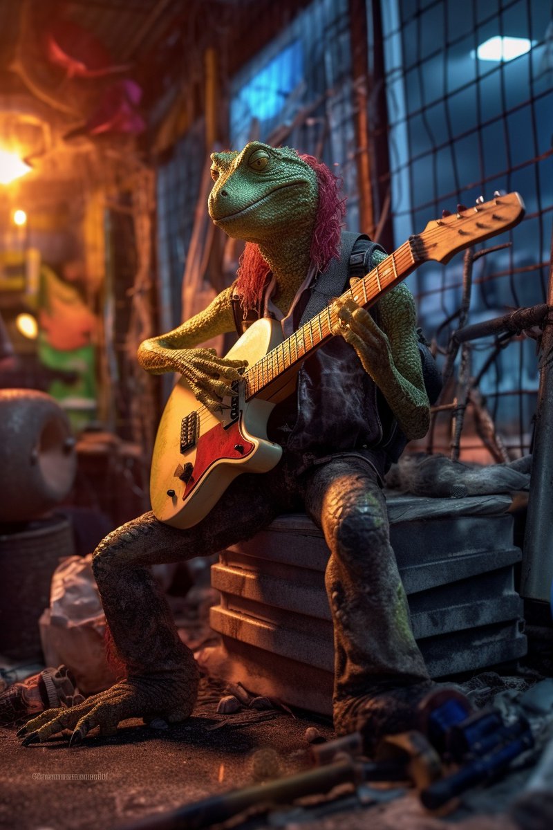 cesar20984's tweet photo. A bored lizard strums a guitar in a post-apocalyptic world adorned with neon street art and symbols of destruction. Nature and technology blend seamlessly. #midjourney #AIArtworks #PostApocalyptic #CyberLizard. 
👉 #Prompt in Alt. https://t.co/DcCqE9oUEG