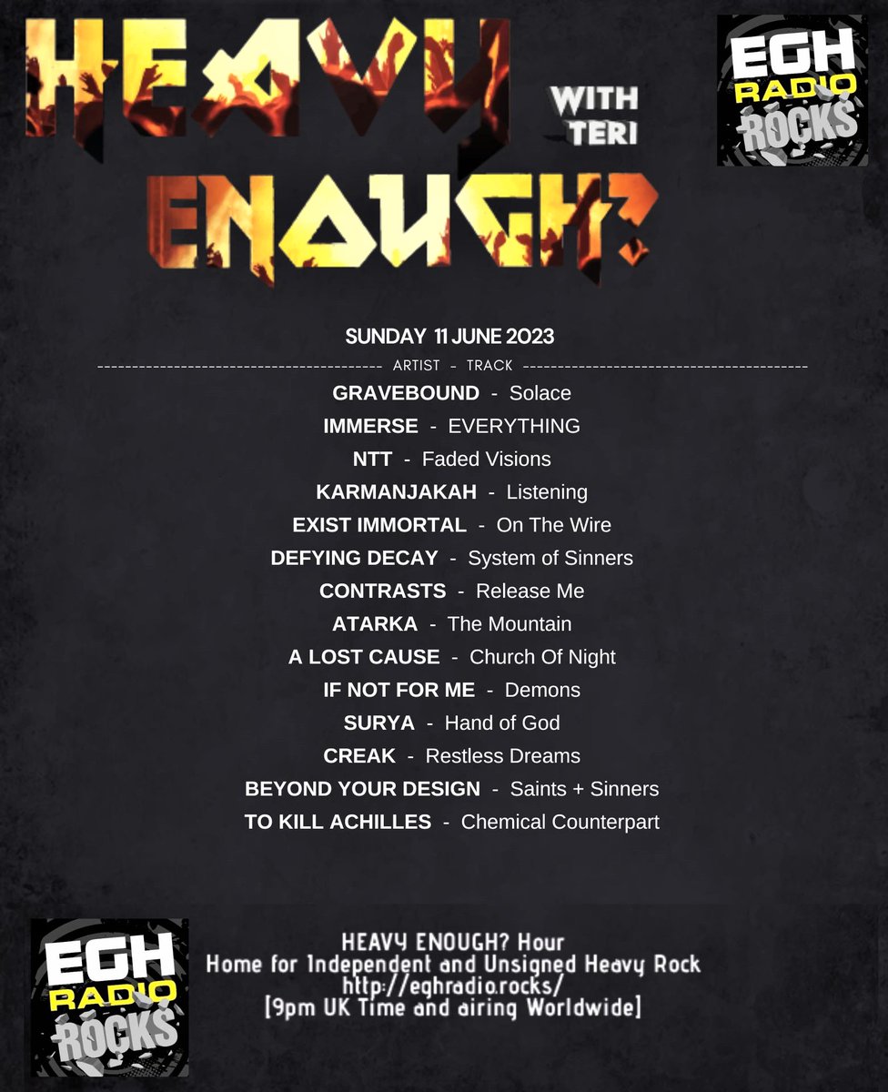 #TuneIn @EGHRocks #HeavyEnough now! 
#ListenHere⇒eghradio.rocks/player_stream/

#NowPlaying great new music from-
@Atarkaofficial
#ALostCause
@IfNotForMeBand
#Surya
@creakofficial
@bydbanduk
@ToKillAchilles 

Enjoy! Thanks for listening #NewMusicAlert