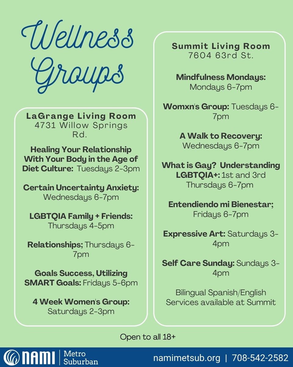 NAMI has Wellness Groups at the LaGrange and Summit Living Rooms.  Come check out a group.  We’d love to see you!