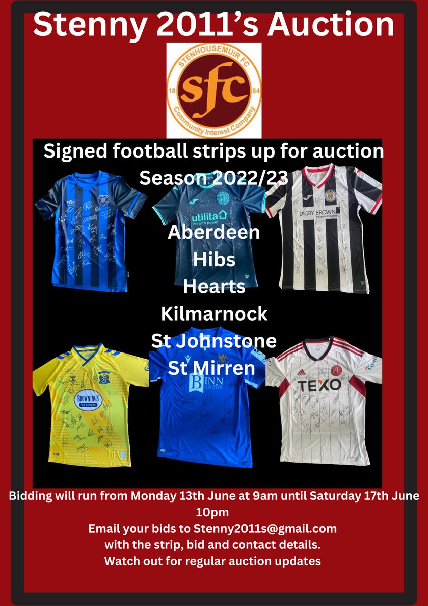 My son’s football team are currently holding an auction to raise some much needed funds. They have a range of signed football strips up for auction. Info below