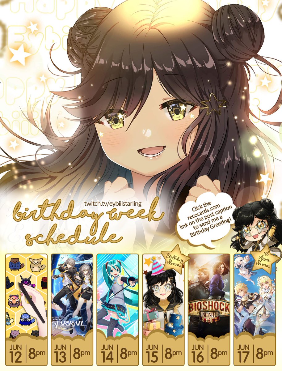 EybiiiStarling's tweet photo. Birthday (+1yr Anniv) sched is here! Join me as I celebrate milestones this week!
If you'd like to give me a birthday message, click here : https://t.co/b5c2ZWgQza
I'll be sure to read it on my birthday stream! See you on the #eybiiiverse for #Eybiiirthday !
art by @Camiiie4 https://t.co/lsBjnDMUnR