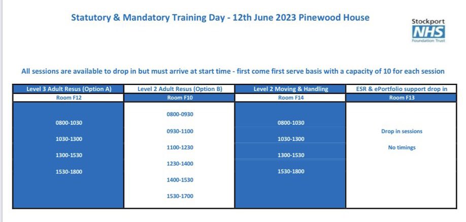 Amanda Rendell (@amandamary26) on Twitter photo Statutory and Mandatory training tomorrow in Pinewood 12.6.23. Please come for your training, all sessions on the timetable below. <a href="/JoMartin007/">#hellomynameisJo</a> <a href="/stockportskills/">Clinicalskills@stockport</a> @jimrawcliffe <a href="/ClaireCrane123/">Claire Crane</a> <a href="/1Ursula1/">Ursula Richards-Cairns</a> <a href="/ROSHNIJOSE4/">#hellomynameisroshni</a> <a href="/Ju9355/">Julie Anderson</a> <a href="/HCAsStockport/">HCSWs@StockportNHSFT</a> <a href="/andrea_livesey/">Andrea Livesey</a> Statutory and Mandatory training tomorrow in Pinewood 12.6.23. Please come for your training, all sessions on the timetable below. <a href="/JoMartin007/">#hellomynameisJo</a> <a href="/stockportskills/">Clinicalskills@stockport</a> @jimrawcliffe <a href="/ClaireCrane123/">Claire Crane</a> <a href="/1Ursula1/">Ursula Richards-Cairns</a> <a href="/ROSHNIJOSE4/">#hellomynameisroshni</a> <a href="/Ju9355/">Julie Anderson</a> <a href="/HCAsStockport/">HCSWs@StockportNHSFT</a> <a href="/andrea_livesey/">Andrea Livesey</a>